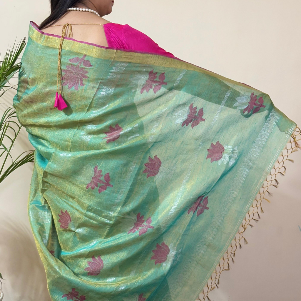 Pure Tissue linen Saree (Olive-Green)