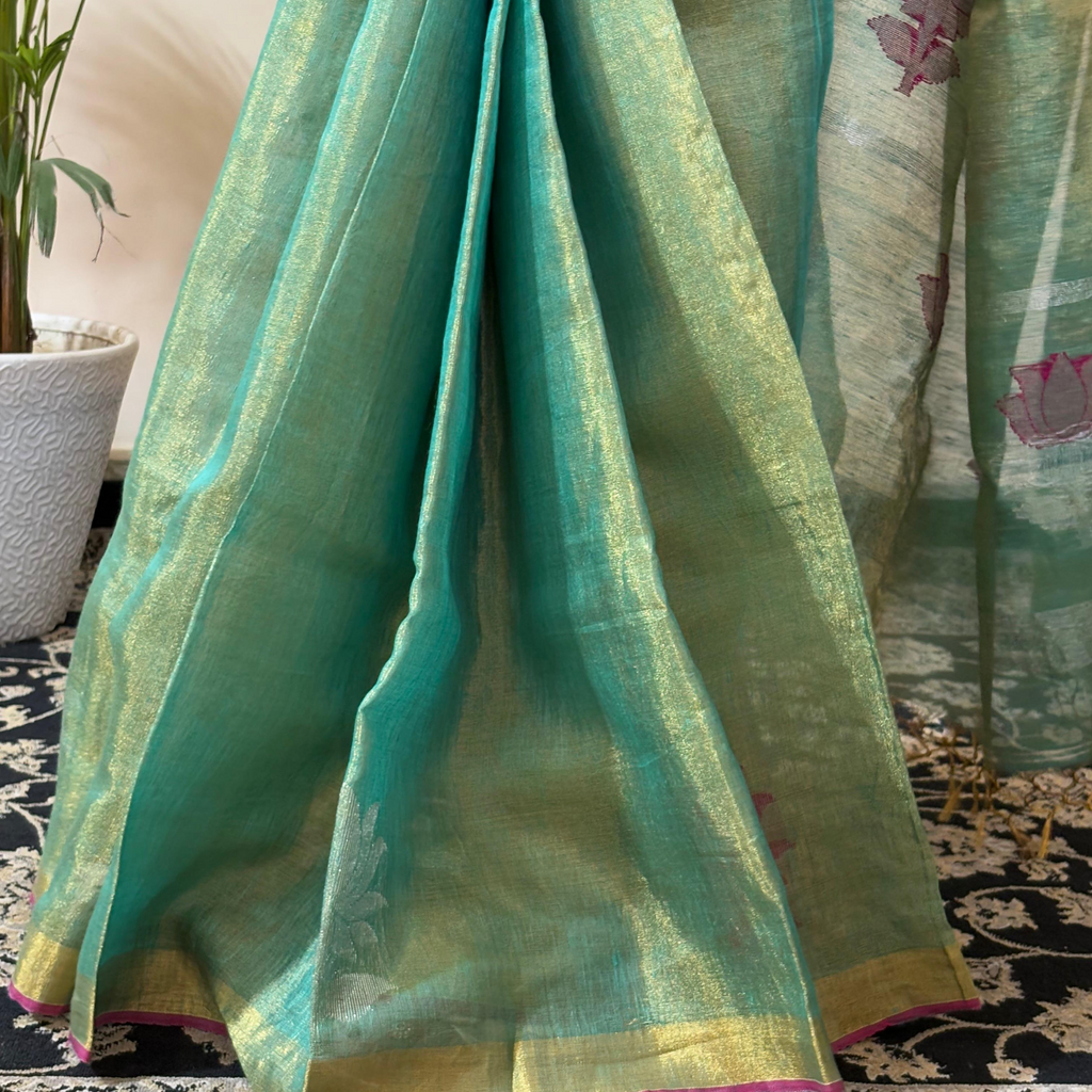 Pure Tissue linen Saree (Olive-Green)