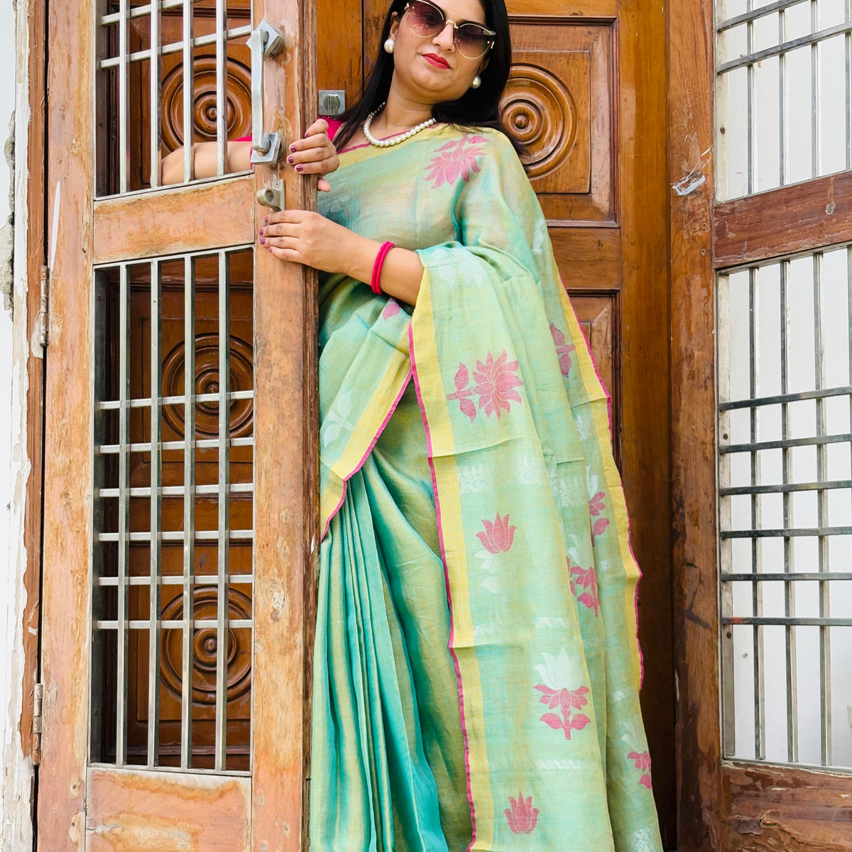Pure Tissue linen Saree (Olive-Green)