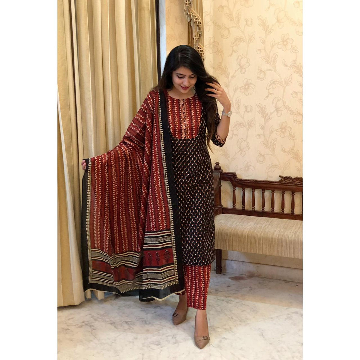 Black & Red Jaipuri Cotton Kurta Pant Set