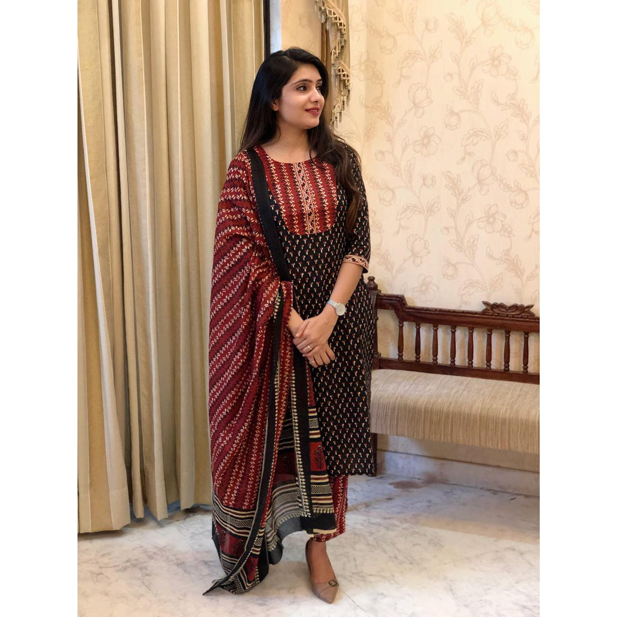 Black & Red Jaipuri Cotton Kurta Pant Set