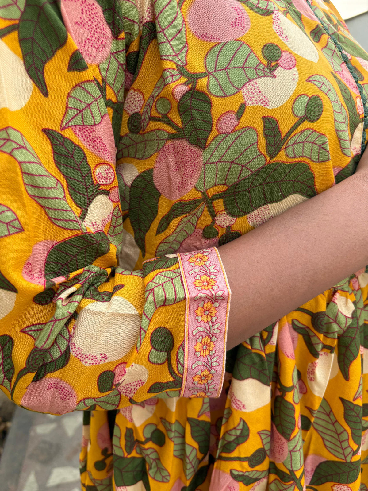 Yellow Jaipuri Cotton Kurta Pant Set with Flower Print