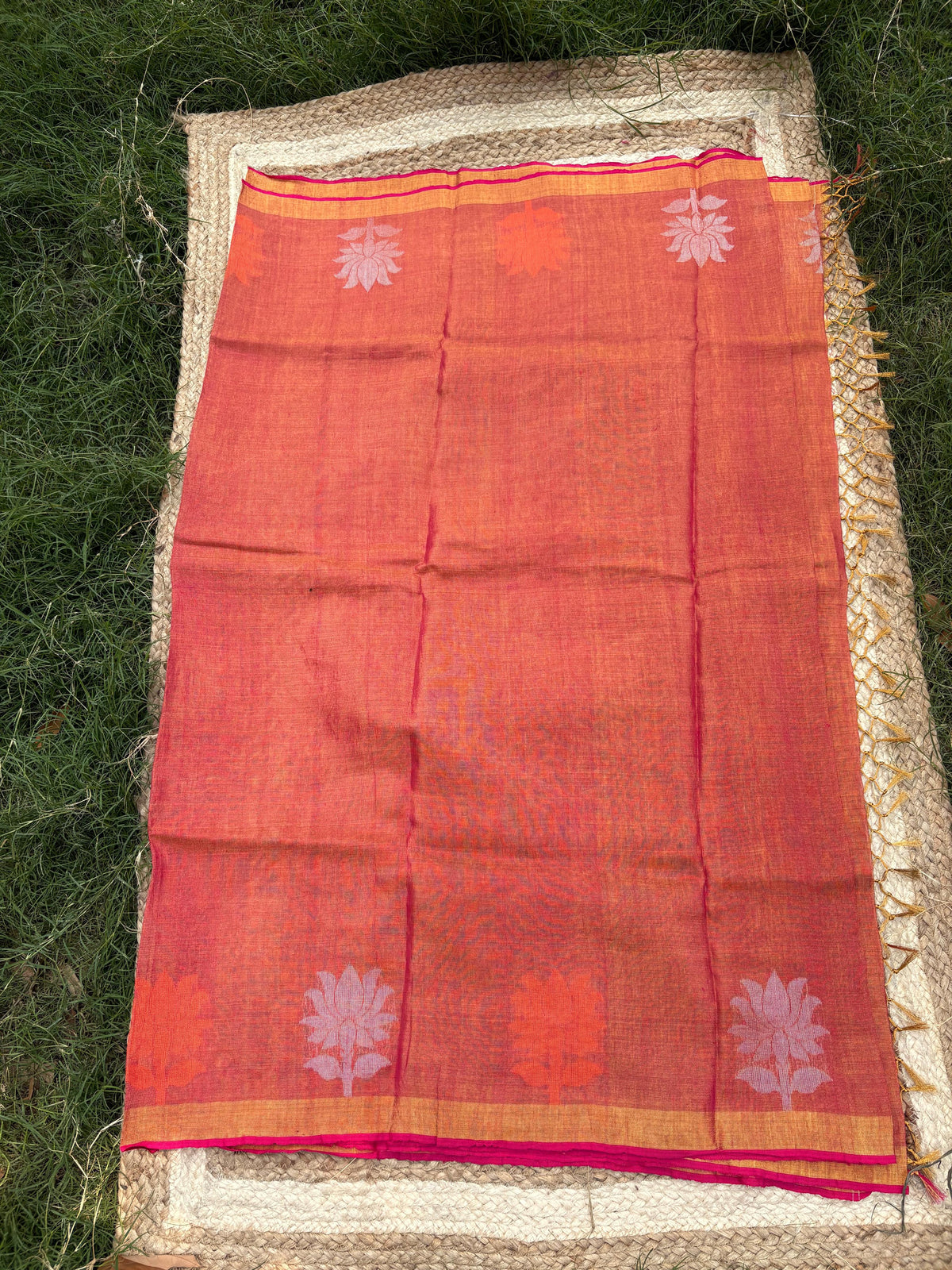 Tissue Linen Saree (Rust) – Handwoven