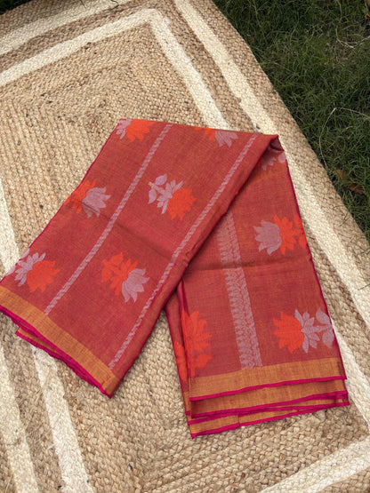 Tissue Linen Saree (Rust) – Handwoven