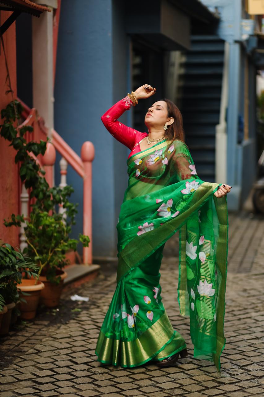 Green Organza Hand - Painting Saree