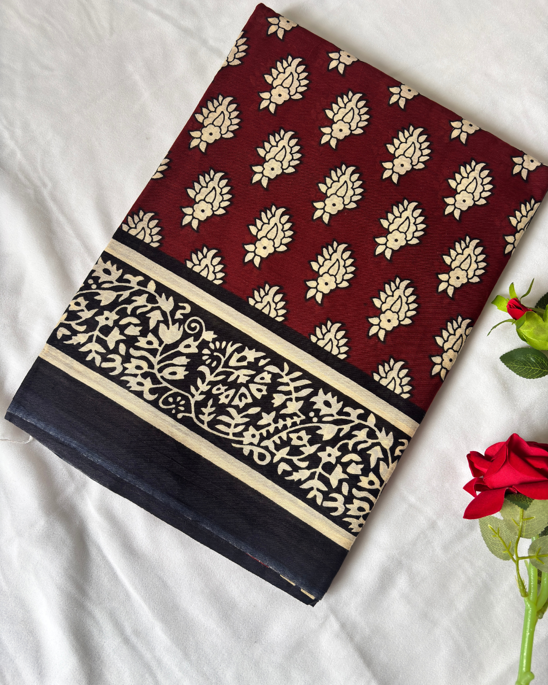 Wine Red & Black Pure Linen Cotton Saree with Beige Hand Block Print