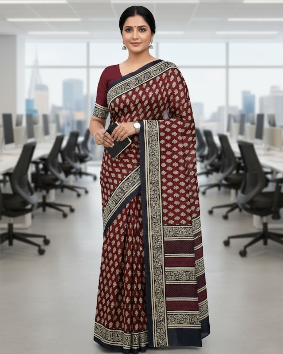 Wine Red & Black Pure Linen Cotton Saree with Beige Hand Block Print