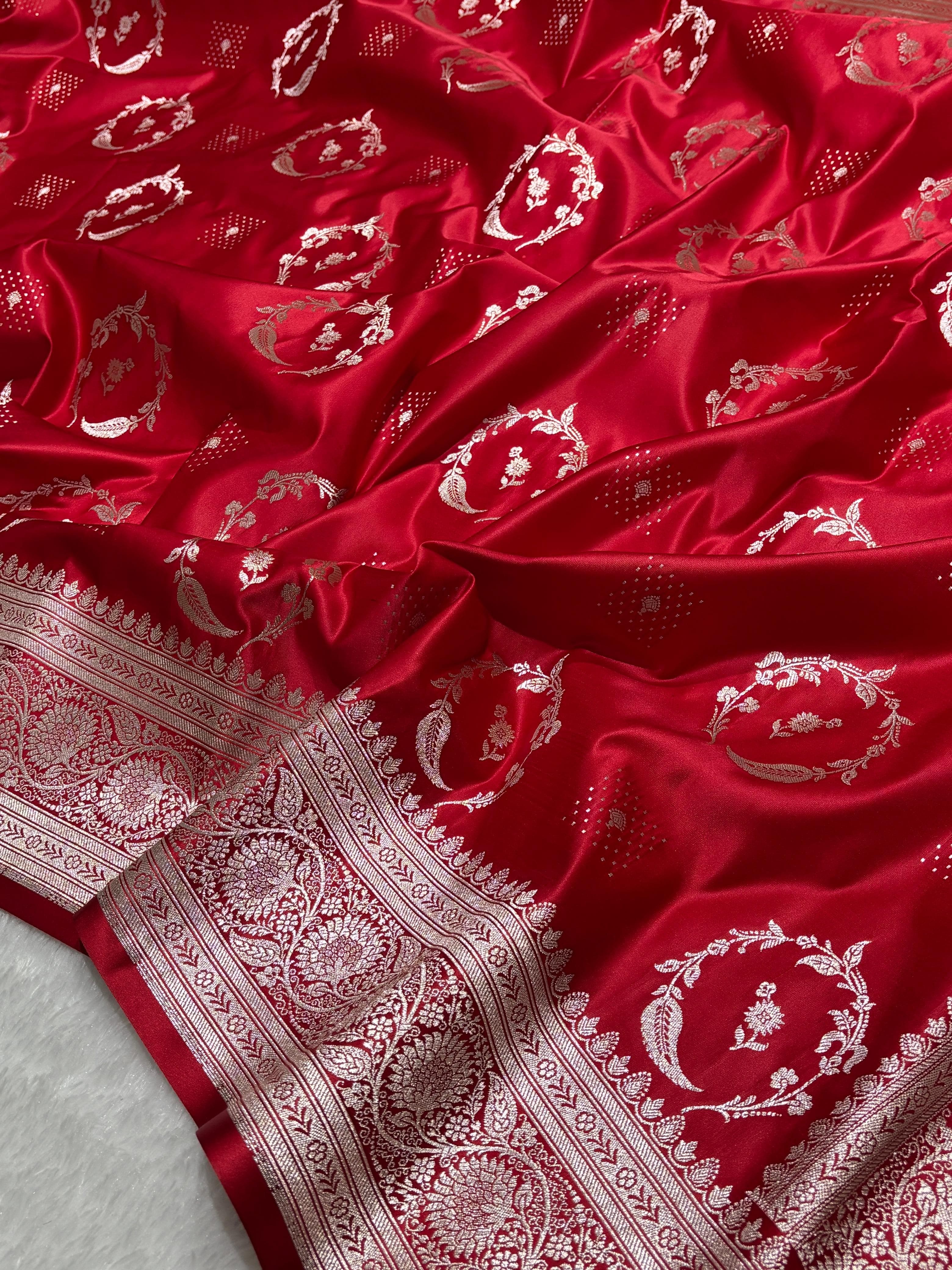 Red Bridal Mashru Silk Saree With Zari Weaving