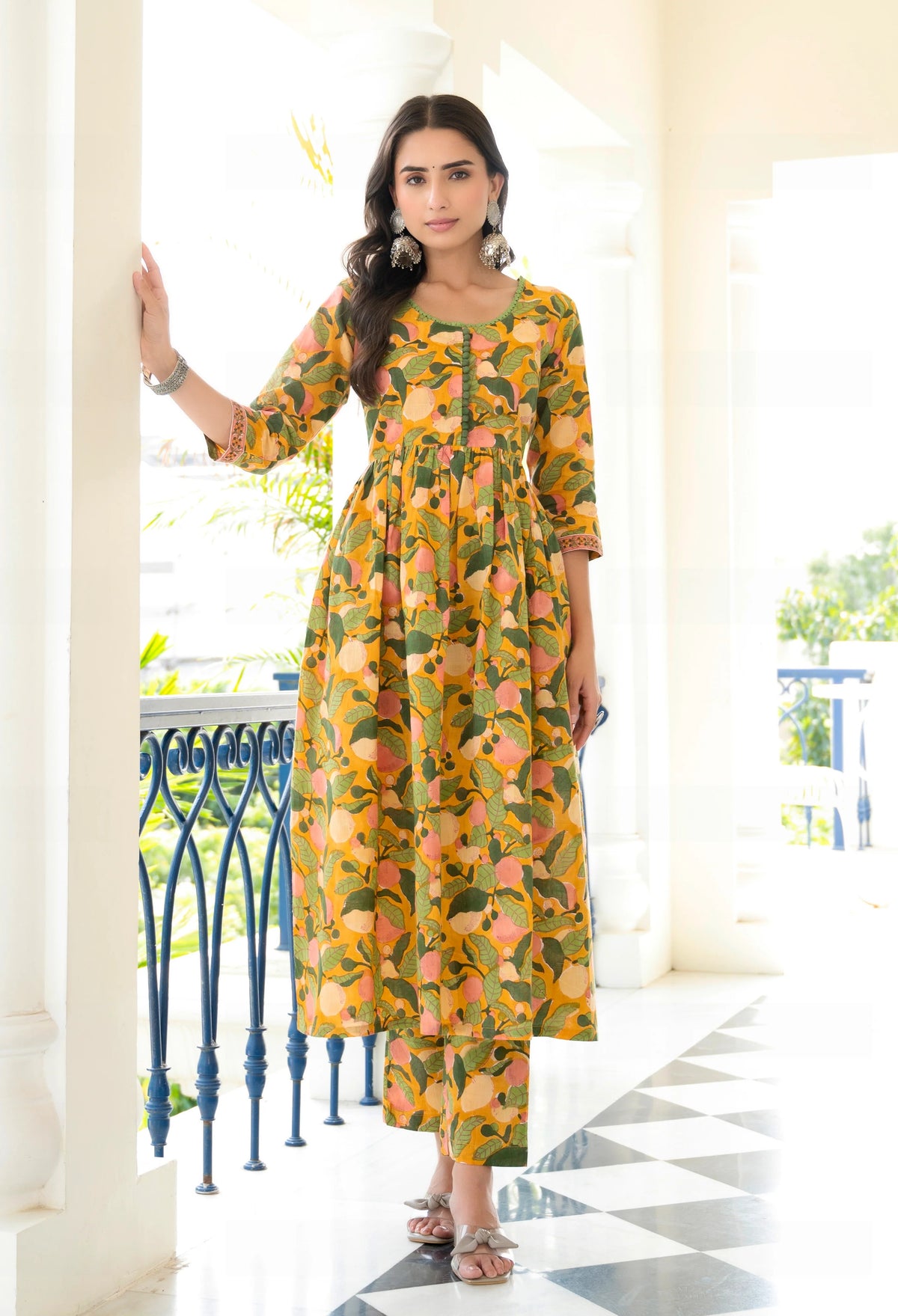 Yellow Jaipuri Cotton Kurta Pant Set with Flower Print