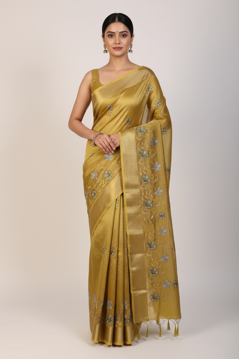 Premium Tissue Banarasi Silk Saree (Yellow Gold)