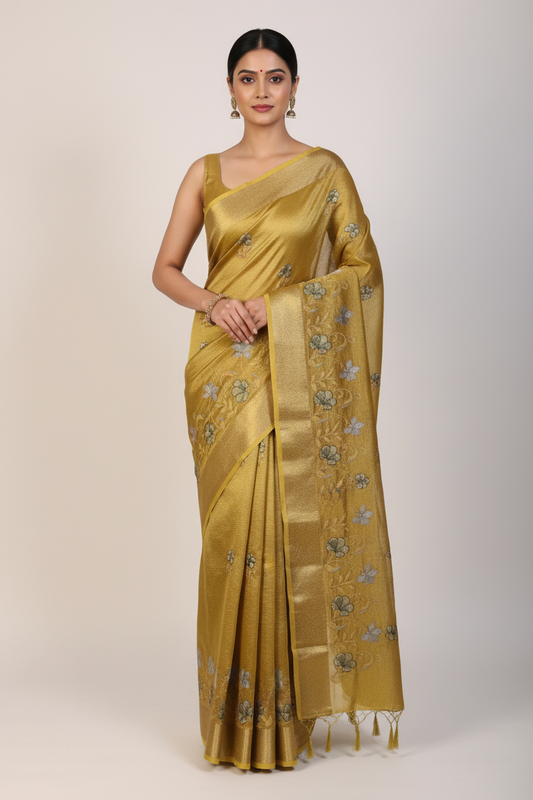 Premium Tissue Banarasi Silk Saree (Yellow Gold)