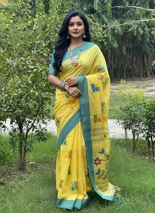 Pure Jayshree Linen Saree (Lime Yellow)
