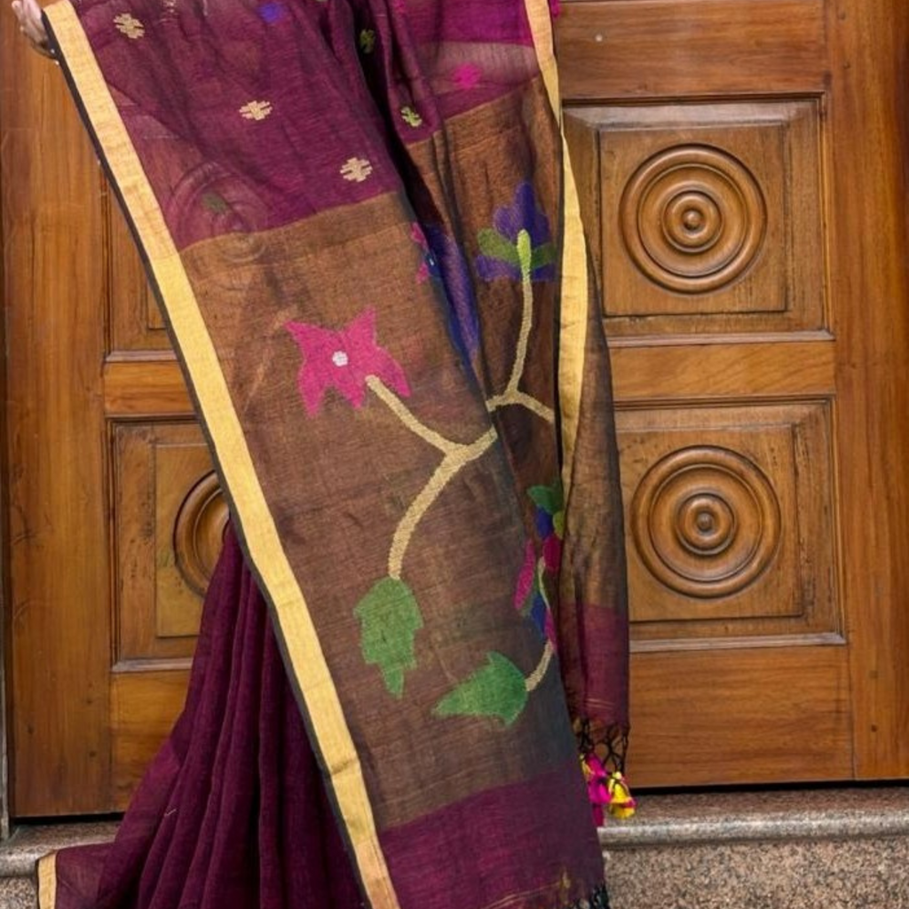 Pure Jayshree Linen Saree (Maroon)