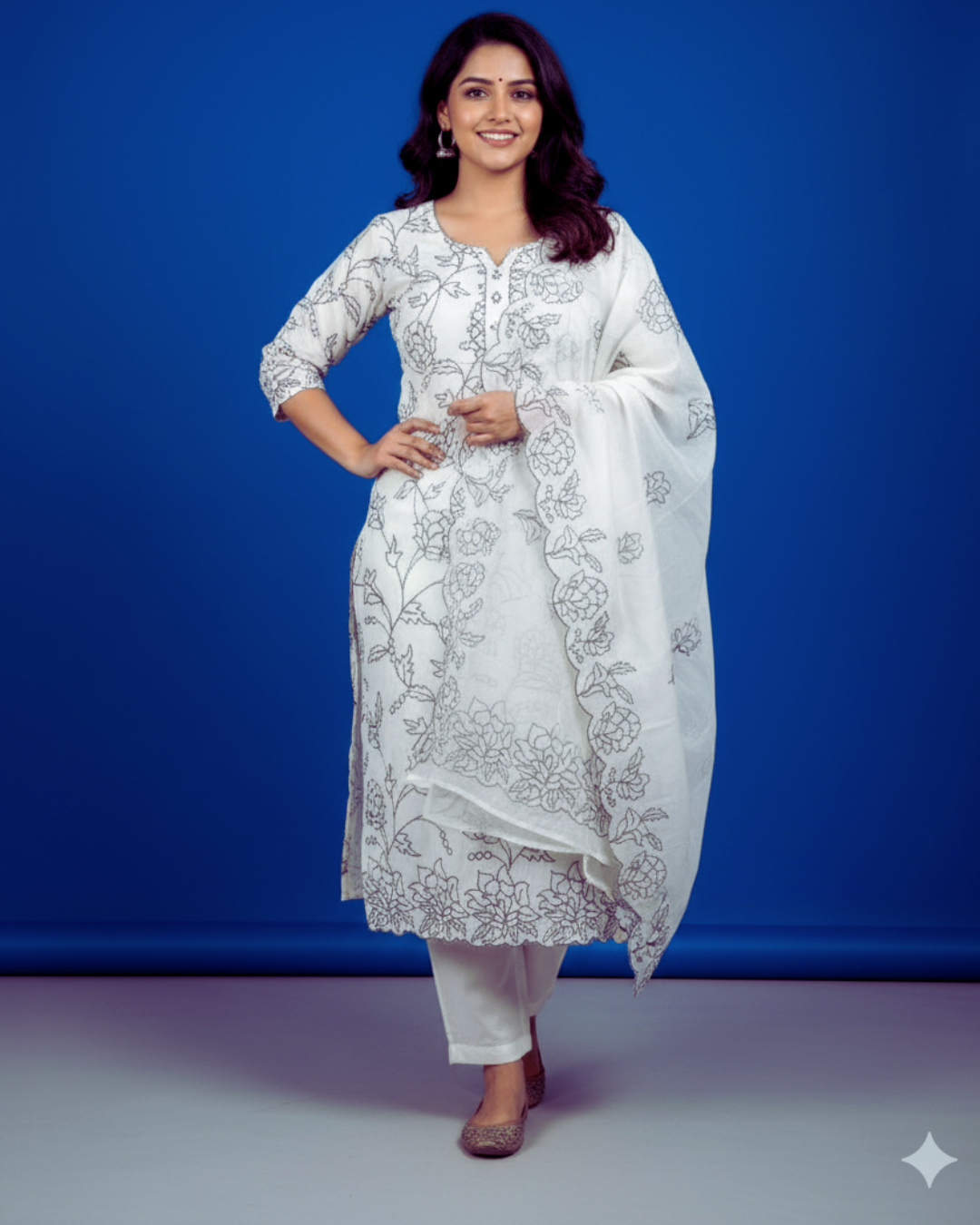 Off White Embroidered Maheshwari Silk Suit Set