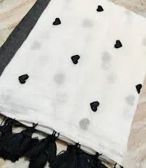 Pure 120 Count Mul Cotton Saree (White & Black)
