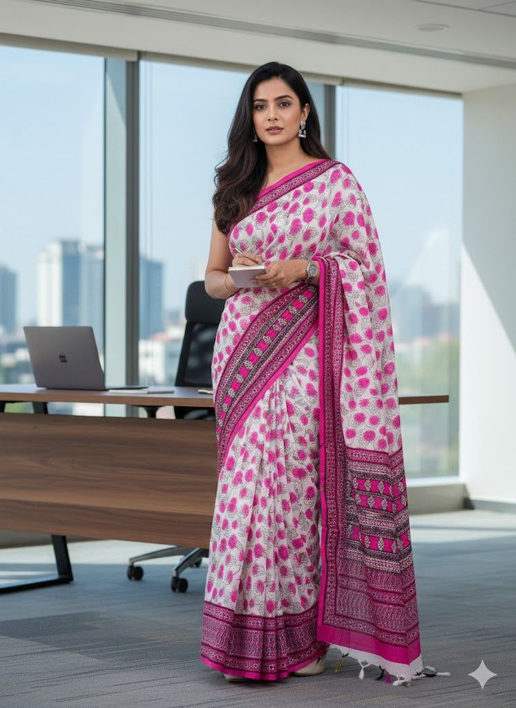 Ivory Beige Pure Linen Cotton Saree with Rani Pink Floral Handprint & Contrast Pallu