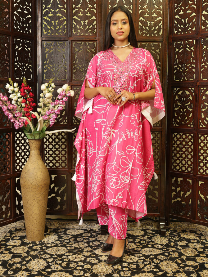 Mirror work embroidery kaftan set for women