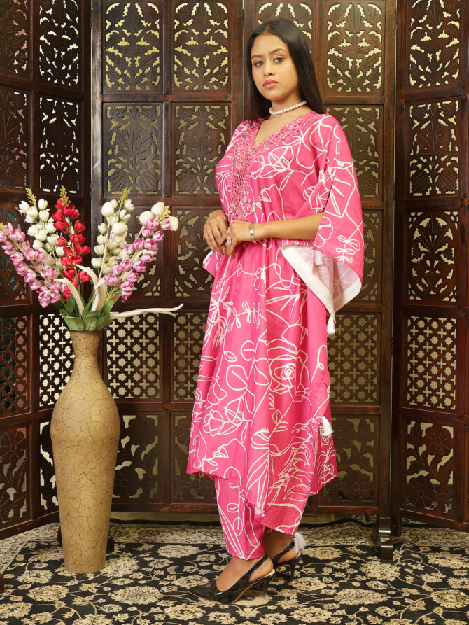 Feel Feather Pink Mirror Work  Kaftan Kurta Set for Women - Image 2