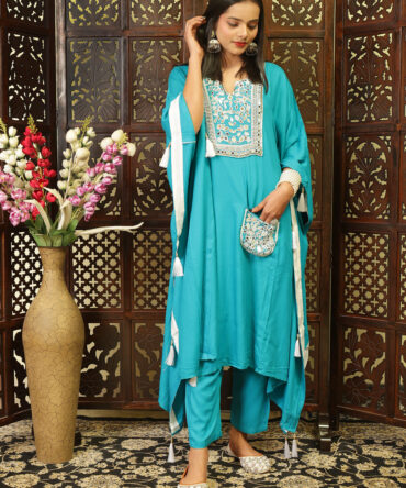 Aqua Elegance – Heavy Moti Embroidery Kaftan Suit for Women