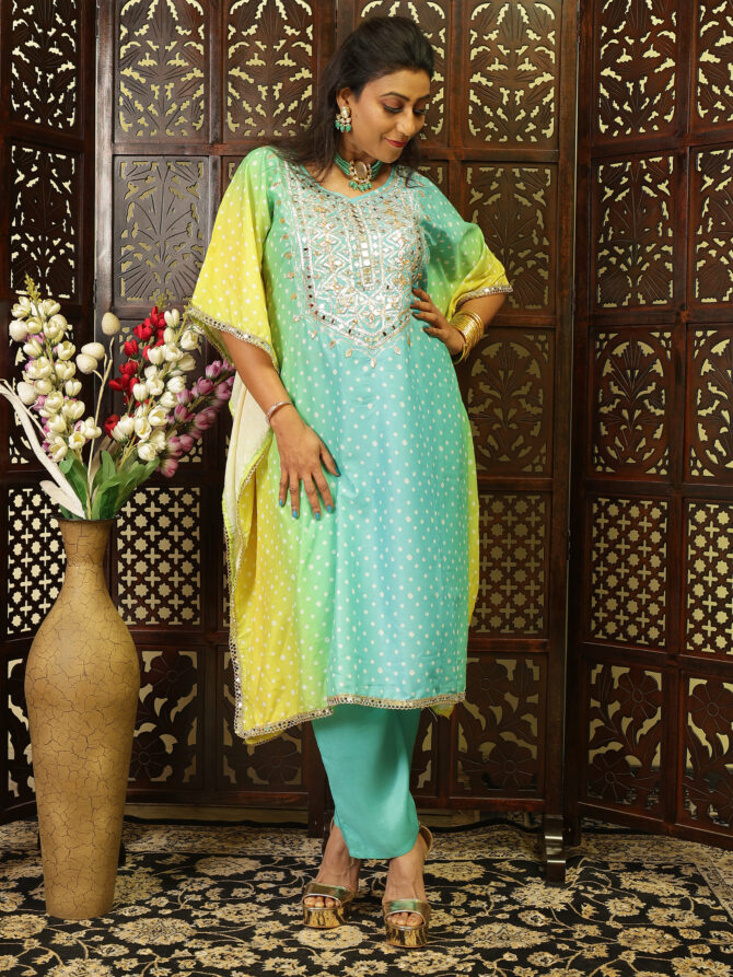 Feel Feather Jaipuri Gotha Patti Detailing Partywear Kaftan Suit Set For Women - Image 4