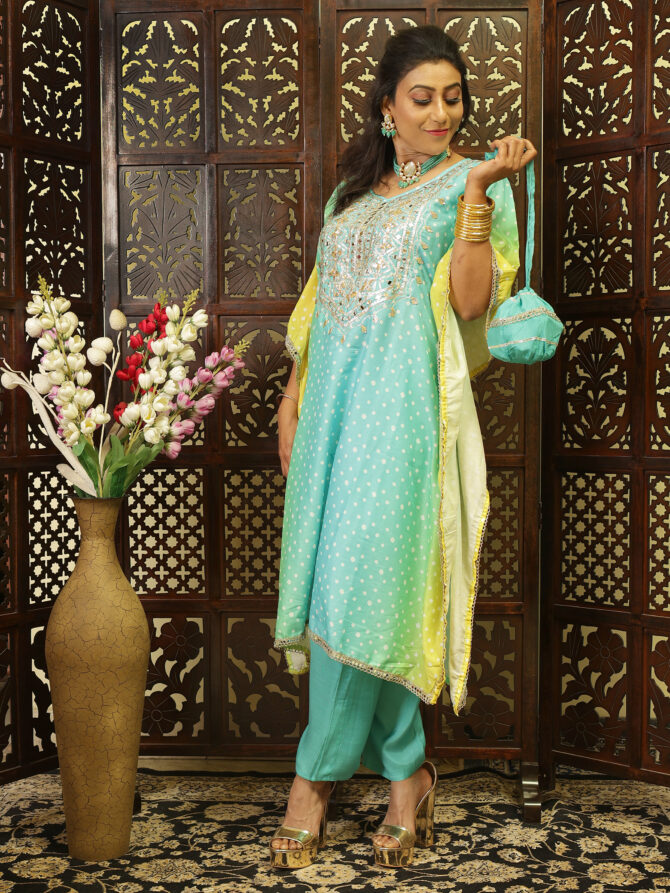 Feel Feather Jaipuri Gotha Patti Detailing Partywear Kaftan Suit Set For Women