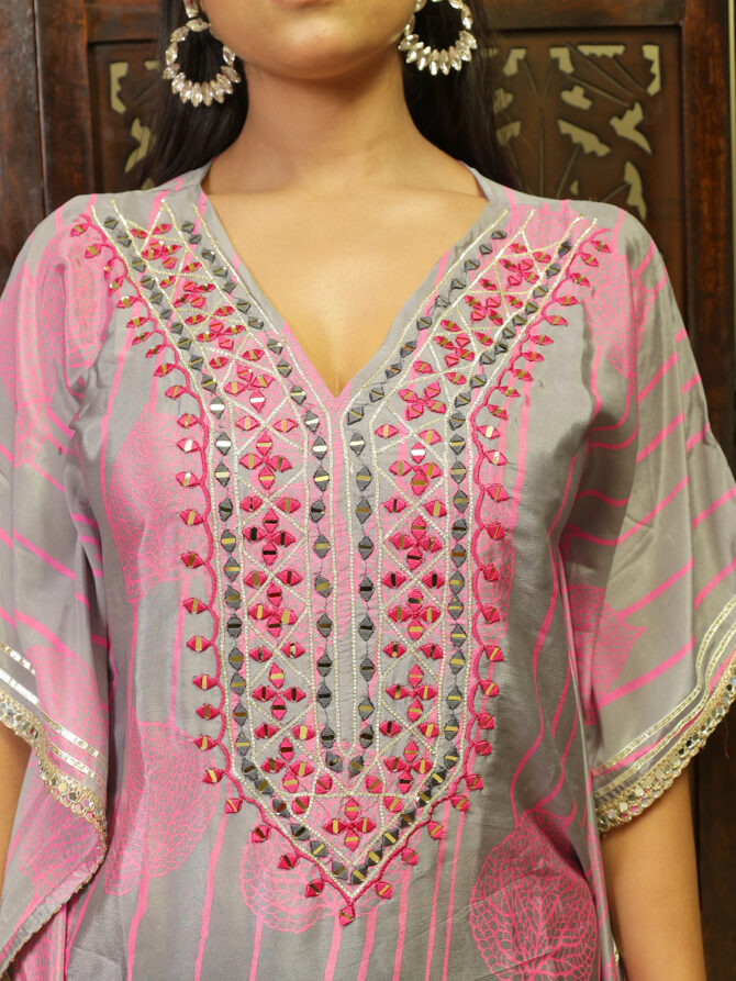Feel Feather Stylish Pink Heavy Mirror Short Kaftan Suit Set