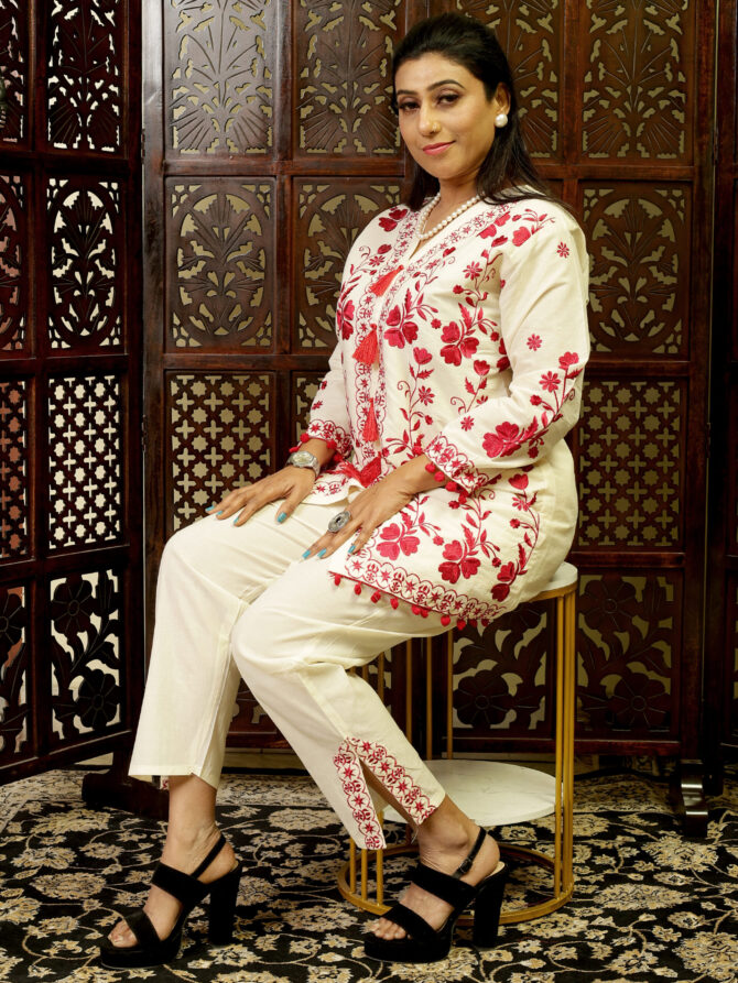 Feel Feather Red Embroidered Cotton Co-Ord Set - Image 2