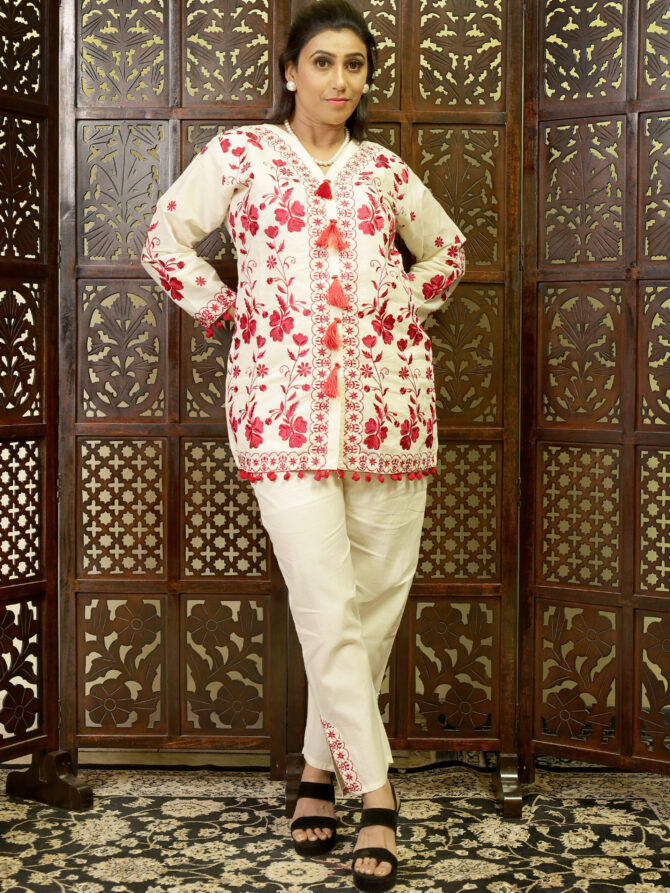 Feel Feather Red Embroidered Cotton Co-Ord Set - Image 3