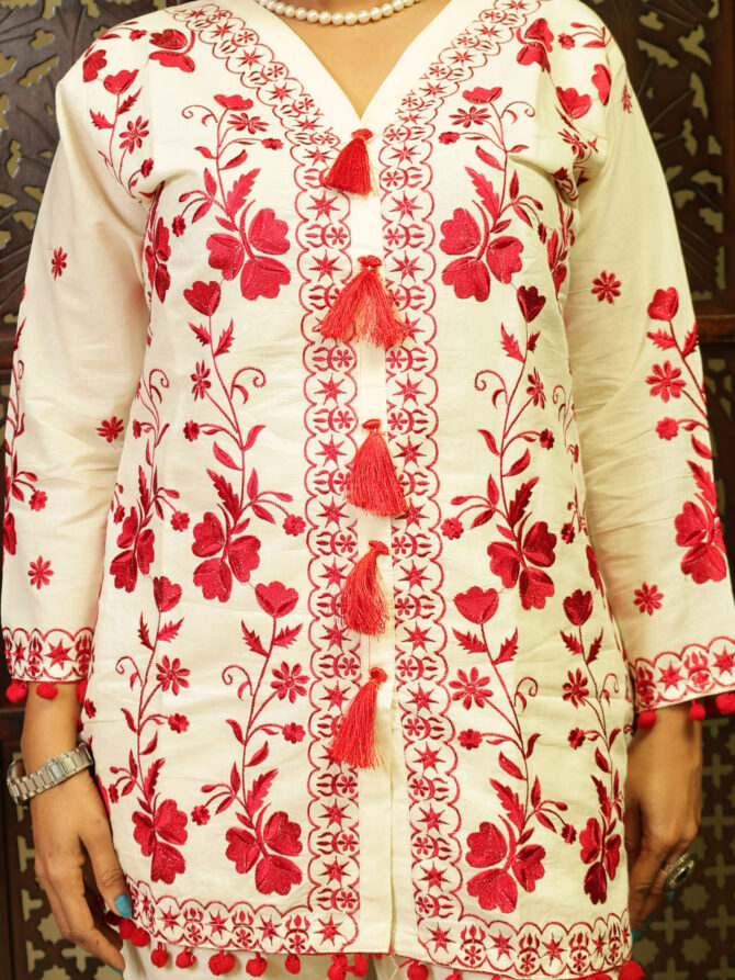 Feel Feather Red Embroidered Cotton Co-Ord Set - Image 6
