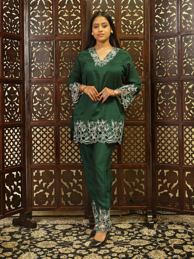 Feel Feather Green Embroidery Co-Ord Set for Women