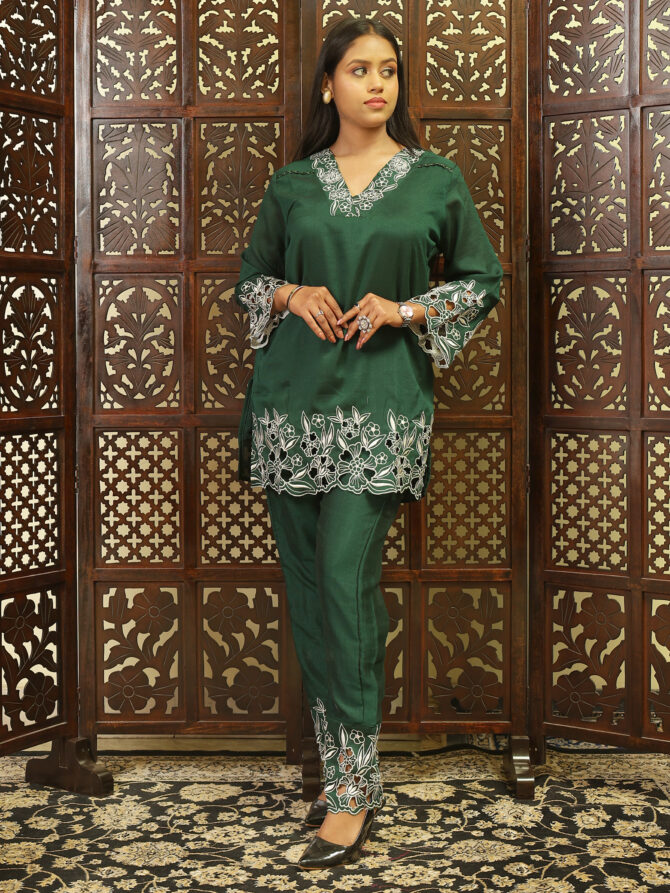 Feel Feather Green Embroidery Co-Ord Set for Women - Image 11