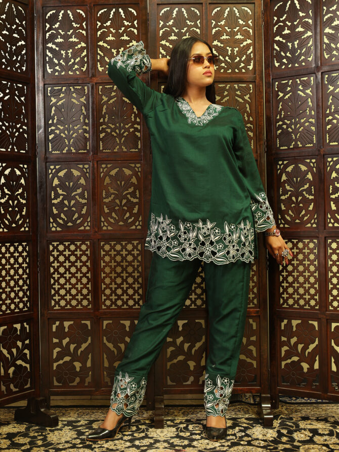 Feel Feather Green Embroidery Co-Ord Set for Women - Image 3