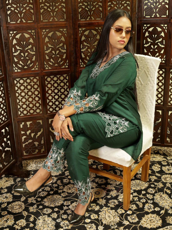 Feel Feather Green Embroidery Co-Ord Set for Women - Image 2