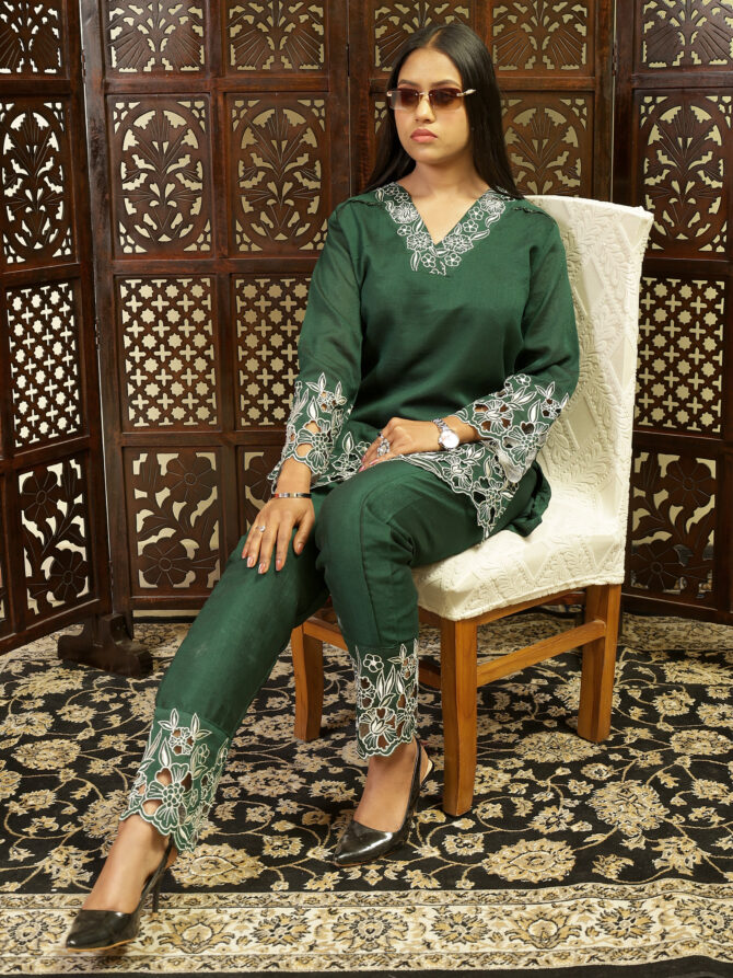 Feel Feather Green Embroidery Co-Ord Set for Women - Image 5