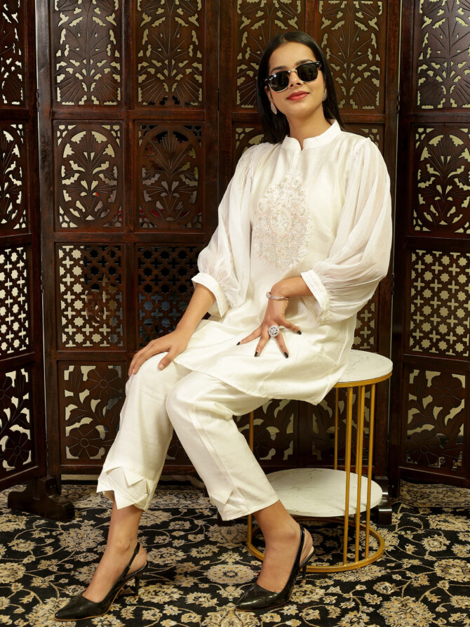 Feel Feather White Hand Embroidery Co-Ord Set For Women - Image 6
