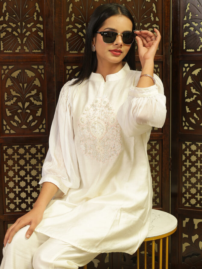 white embroidery co-ord set for women
