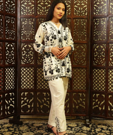 Feel Feather Black Thread Embroidered Cotton Co-Ord set for Women