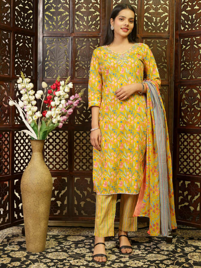 Feel Feather Mustard Pure Cotton Kurta Pant Set With Dupatta