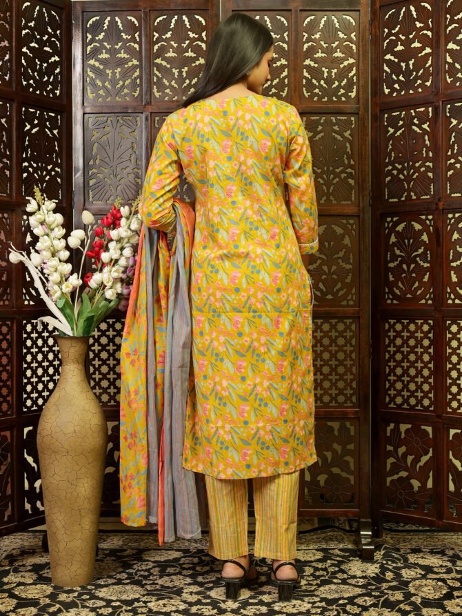 Feel Feather Mustard Pure Cotton Kurta Pant Set With Dupatta - Image 3