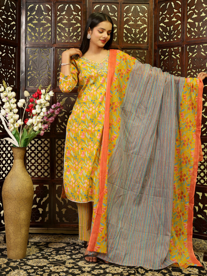 Feel Feather Mustard Pure Cotton Kurta Pant Set With Dupatta - Image 2