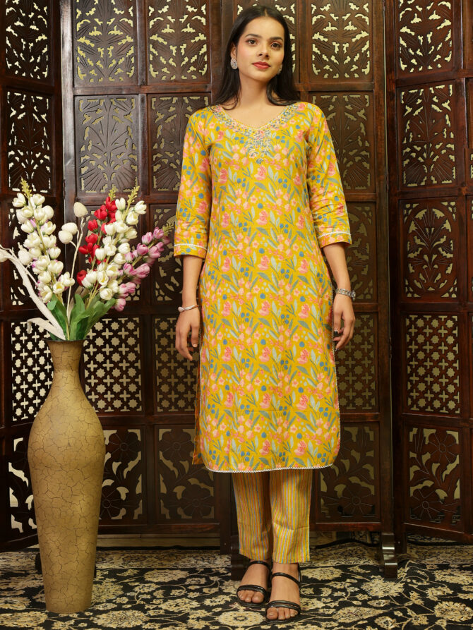 Feel Feather Mustard Pure Cotton Kurta Pant Set With Dupatta - Image 4