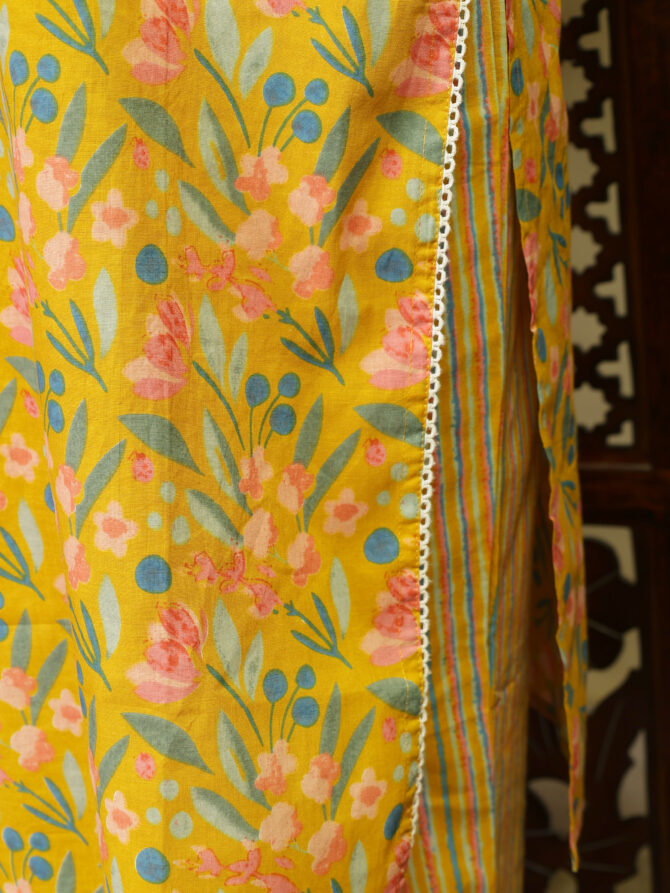 Feel Feather Mustard Pure Cotton Kurta Pant Set With Dupatta - Image 5