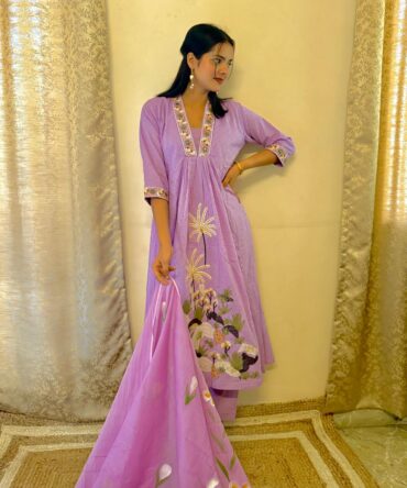 Purple Anarkali Kurta Pant With Dupatta Set
