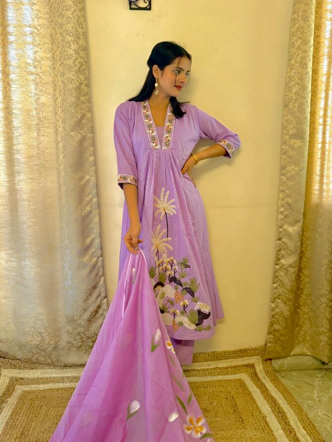 Purple Anarkali Kurta Pant With Dupatta Set