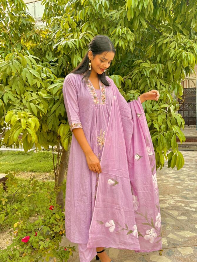 Purple Anarkali Kurta Pant With Dupatta Set
