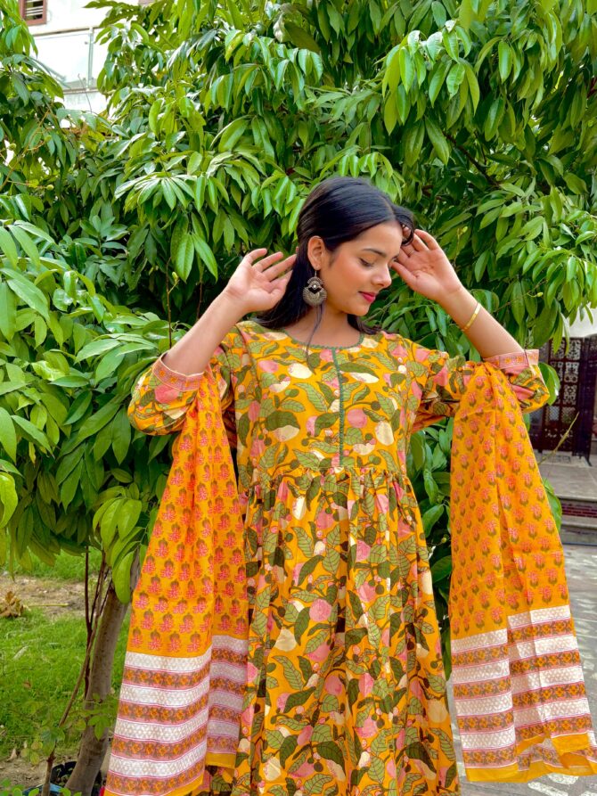 feel feather yellow a-line kurta pant set