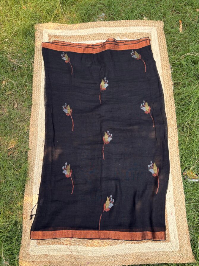 Feel Feather Black Pure Linen Handloom Saree - Image 9