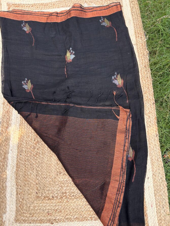 Feel Feather Black Pure Linen Handloom Saree - Image 8