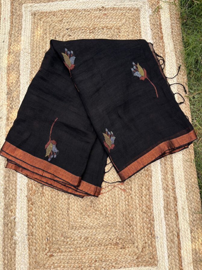 Feel Feather Black Pure Linen Handloom Saree - Image 7