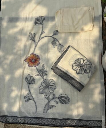 Feel Feather Off White Pure Cotton Floral Jamdani Suit (Dress Material)